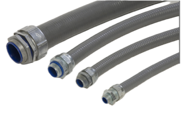 Caño metálico flexible CONDUIT con cobertura externa de policloruro de vinilo PVC color gris.