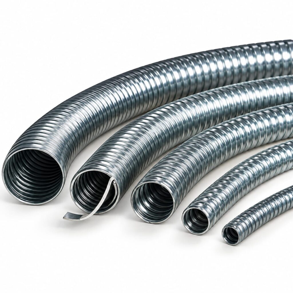 Caño metálico flexible simple agrafado sin cobertura, fleje galvanizado.